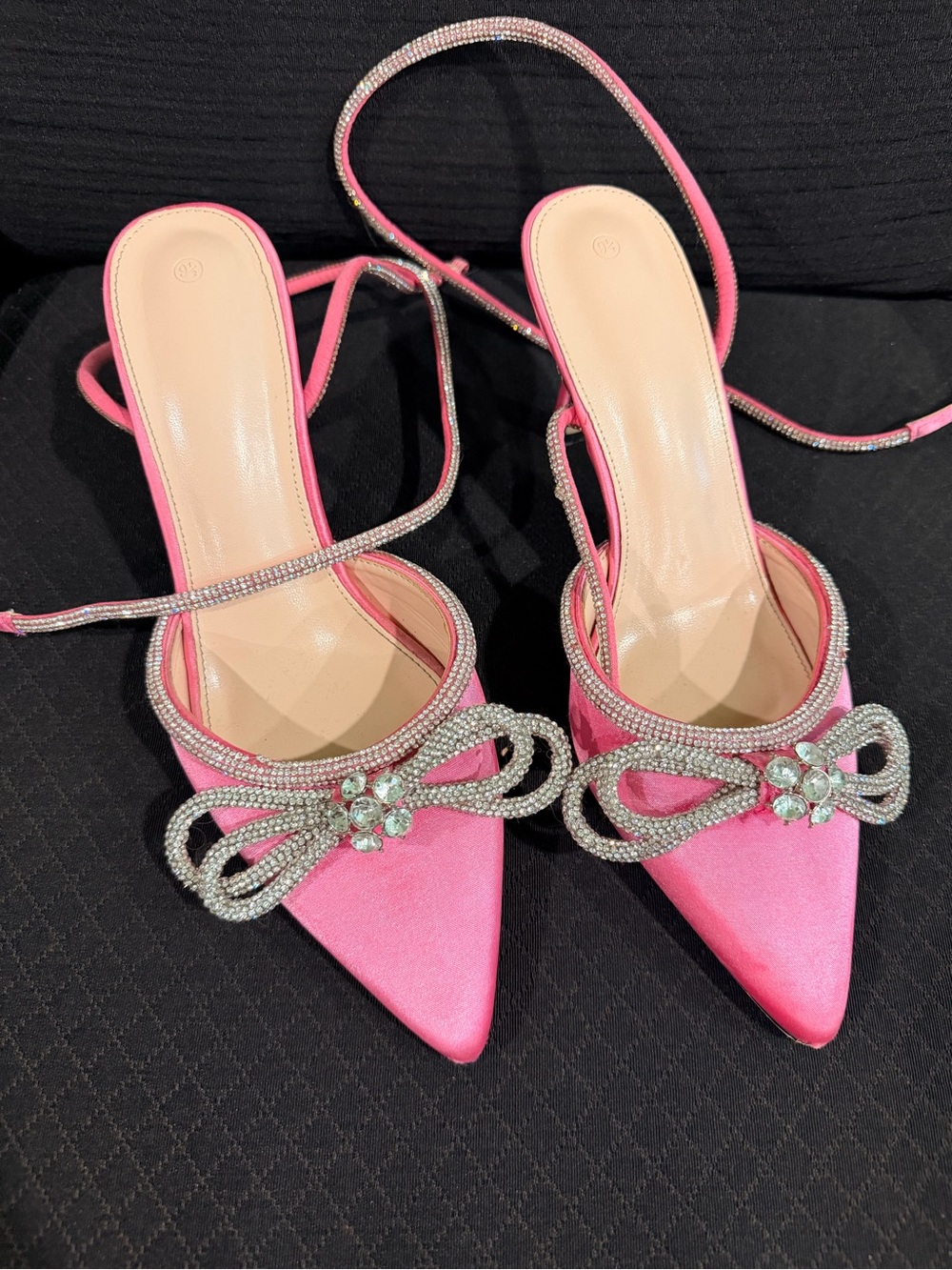 Amazon Pink Satin Pointed Toe Slingback Heels with Crystal Bow